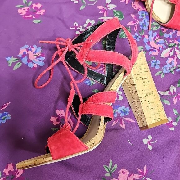 NEW Nicole Miller Artelier 8.5 Tate Red Lace Up Suede Strappy Heels Cork - Picture 4 of 10
